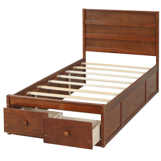 Twin Size Bed Frame with Storage Drawers and Headboard-Walnut