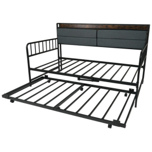 Twin Size Daybed with Trundle and Metal Bed Frame with Headboard-Rustic Brown