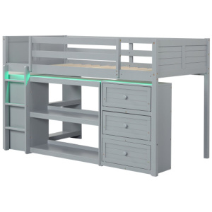 Twin Size Loft Bed with LED Lights and Underbed Space for Kids-Gray