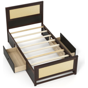 Twin Size Rattan Bed Frame with Storage Drawers-Coffee