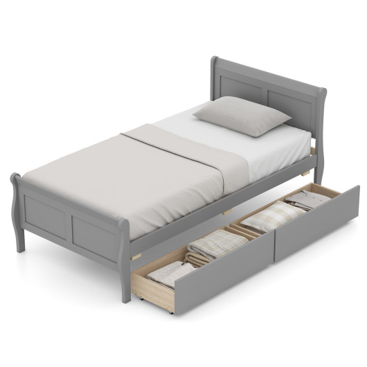 Twin Size Sleigh Bed with 2 Storage Drawers Wood Platform Bed Frame-Gray