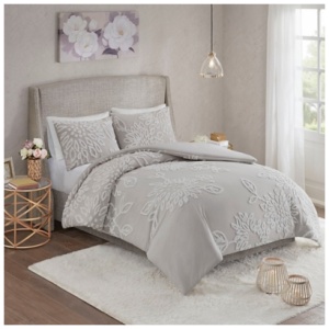 Veronica King/California King 3 Piece Tufted Chenille Floral Duvet Cover Set, Gray/White