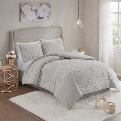 Veronica King/California King 3 Piece Tufted Chenille Floral Duvet Cover Set, Gray/White