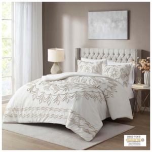 Violette Full/Queen 3 Piece Tufted Chenille Comforter Set, Ivory/Taupe