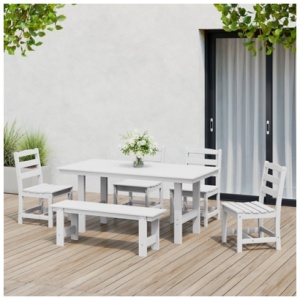 Westin Furniture Shoreside Outdoor Dining Table and 4 Armless Chairs and Bench, White