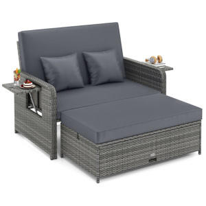 Wicker Loveseat Sofa with Multipurpose Ottoman and Retractable Side Tray-Gray