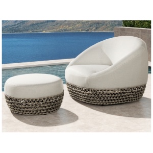 Willow Round Upholstered Patio Ottoman, Wheat Beige