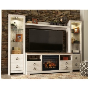 Willowton 4-Piece Entertainment Center with 63" TV Stand and Electric Fireplace, Whitewash