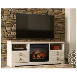Willowton 63" TV Stand with Electric Fireplace for Larger Rooms, Whitewash