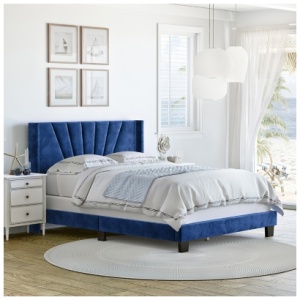 Zoeigh Queen Upholstered Velour Platform Bed, Blue