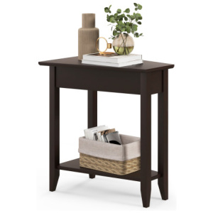 2-Tier Wedge Narrow End Table with Storage Shelf and Solid Wood Legs-Espresso