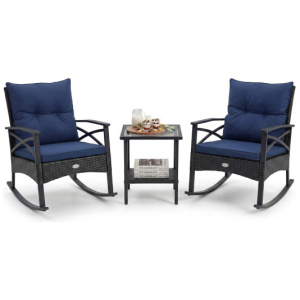 3 Pieces Outdoor Rattan Rocking Chairs Set with 2-Tier Side Table for Garden Backyard-Navy