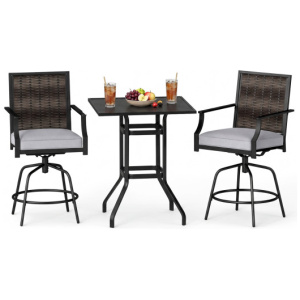 3 Pieces Outdoor Swivel Bar Set High Top Patio Bar Table and Rattan Wicker Chairs
