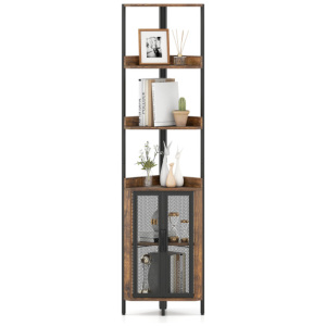 6-Tier Corner Shelf 67 Inches Tall Corner Bookshelf with Cabinet Industrial Bookcase-Brown
