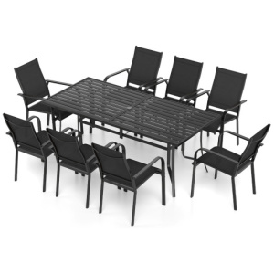 9 Pieces Patio Dining Set for 8 Stackable Chairs and Outdoor Rectangular Table-Black