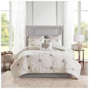 Alicia 6 Piece Embroidered Cotton Reversible Full/Queen Comforter Set, Ivory