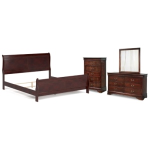 Alisdair King Sleigh Bed with Mirrored Dresser and Chest, Reddish Brown
