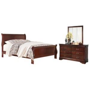 Alisdair Queen Sleigh Bed with Mirrored Dresser, Reddish Brown