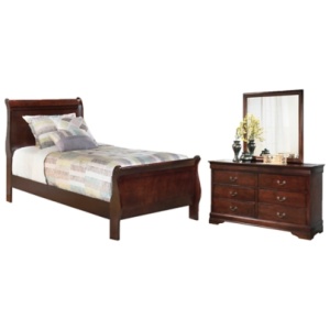 Alisdair Twin Sleigh Bed with Mirrored Dresser, Reddish Brown
