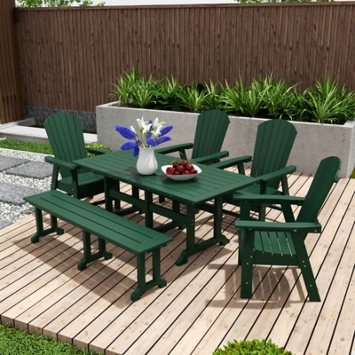 Altura Adirondack Outdoor Rectangle Table and 4 Chairs and Bench, Dark Green