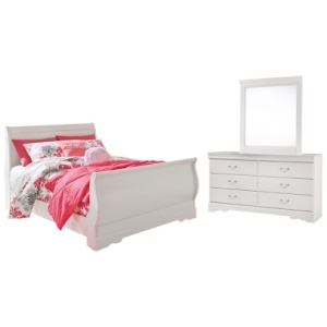 Anarasia Full Sleigh Bed with Mirrored Dresser, White