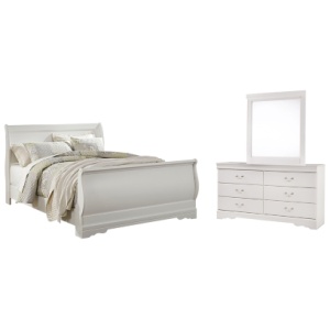 Anarasia Queen Sleigh Bed with Mirrored Dresser, White