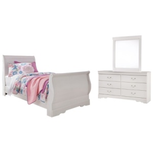 Anarasia Twin Sleigh Bed with Mirrored Dresser, White