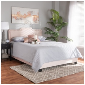 Baxton Studio Benjen Velvet Upholstered Panel Bed, Light Pink/Black