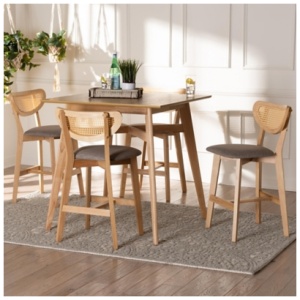 Baxton Studio Dannell Counter Height Dining Table and 4 Bar Stools, Gray/Natural Oak