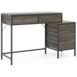 Computer Desk with 5 Drawers Home Office Desk with Side File Cabinet-Grey
