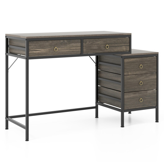 Computer Desk with 5 Drawers Home Office Desk with Side File Cabinet-Grey