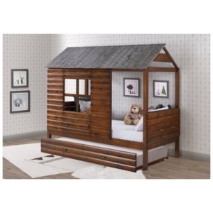 Donco Kids Twin Log Cabin Low Loft with Twin Trundle Bed, Rustic Walnut
