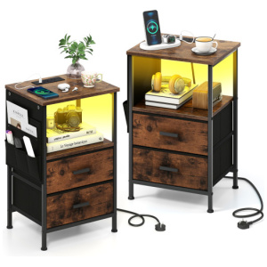 End Table with Charging Station Set of 2 Nightstand with 2 Folding Fabric Drawers