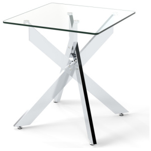 Glass Side Table Square End Table with Tempered Glass Top and Metal X Base-Silver