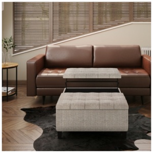 Harrison 36 inch Wide Transitional Square Coffee Table Storage Ottoman in Platinum Tweed Look Fabric