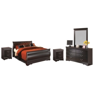 Huey Vineyard Full Sleigh Bed with Mirrored Dresser and 2 Nightstands, Black