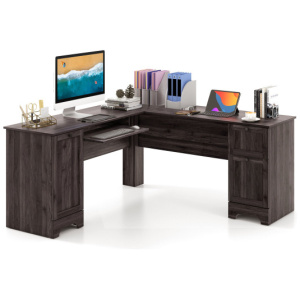 L-Shaped Office Desk with Storage Drawers and Keyboard Tray-Dark Brown