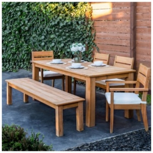 Linon Cary Outdoor Dining Table and 4 Chairs with Bench, Natural