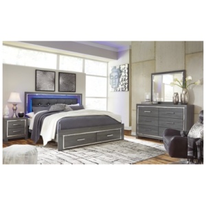 Lodanna King Panel Bed with 2 Storage Drawers with Mirrored Dresser, Gray
