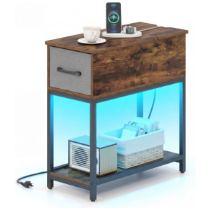 Narrow Side Table with Charging Station and LED Lights Industrial End Table-Brown