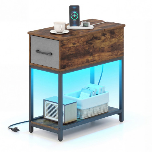 Narrow Side Table with Charging Station and LED Lights Industrial End Table-Brown