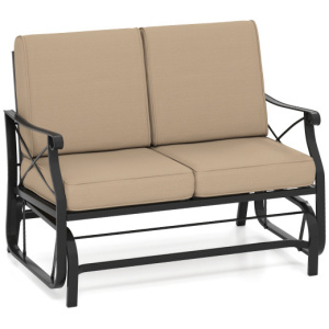 Outdoor 2-Person Glider Rocking Chair Loveseat with Thick Cushions and Metal Frame-Brown