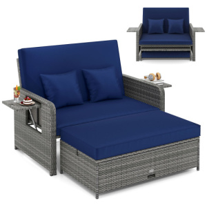 Patio Wicker Loveseat Sofa with Multipurpose Ottoman and Retractable Side Tray-Navy