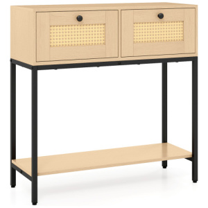 Rattan Console Table Boho Entryway Table with 2 Rattan Drawers and Open Storage Shelf-Oak