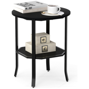 Round Side Table Small End Table with Storage Shelf 2-Tier Nightstand for Small Space-Black