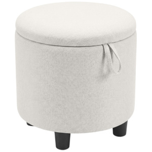 Round Storage Ottoman Linen Fabric Upholstered Footrest Stool-Beige