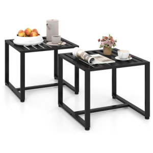 Set of 2 Metal End Tables with Slatted Tabletop-Black