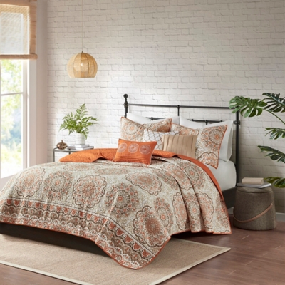 Tangiers King/California King 6 Piece Reversible Quilt Set with Throw Pillows, Orange