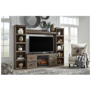 Trinell 4-Piece Entertainment Center with 60" TV Stand and Electric Fireplace Insert, Brown