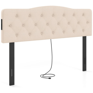 Tufted Upholstered Head Board for Queen and Full Size Bed with 2 AC Outlets-Beige